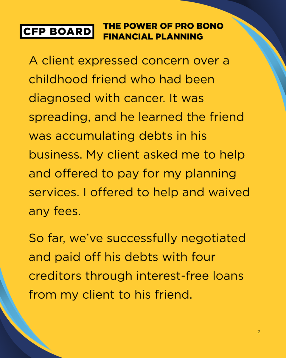 CFPBoard's tweet photo. After a cancer diagnosis, a client’s childhood friend faced growing financial stress from business debt. Through pro bono support, Thomas Snow, CFP® helped remove that pressure so he could focus on health, family and business. Read his story. https://t.co/9InW4LtIeb https://t.co/ZcnDHljz3r