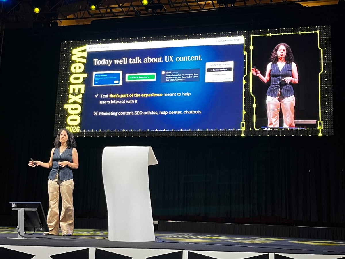 localazy's tweet photo. Something else worth sharing from @webexpo:

Michal Kessel Shitrit's talk on UX content in 2026, and how to meaningfully approach it without butchering the UX with AI slop. 

This was an insightful one (she's authored a lengthy piece on our blog on the topic a while ago too.) 👇 https://t.co/fOX0WC8rlS