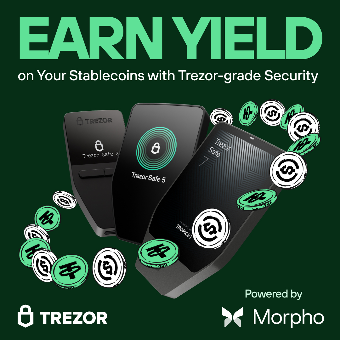 Trezor's tweet photo. Earn yield on USDC or USDT on Ethereum without leaving Trezor Suite.

No dApps, no browser extensions, no new accounts. 

Powered by Morpho, one of the most stress-tested and audited lending protocols on Ethereum.

Start now with just a few clicks. https://t.co/z23DhPKfBi