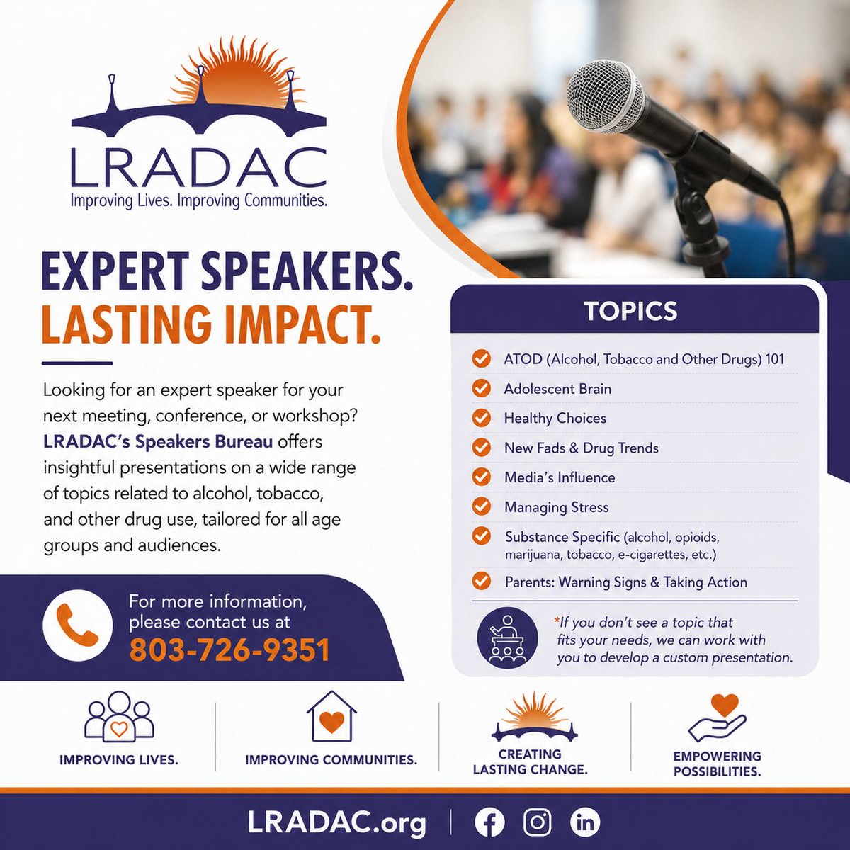 LRADACSC's tweet photo. LRADAC’s Prevention Team offers insightful presentations on a wide range of topics related to alcohol, tobacco, and other drug use, tailored for all age groups and audiences (school groups, civic clubs, community organizations, etc.) For more information, call us at 803-726-9351. https://t.co/R1uTzhlsmP