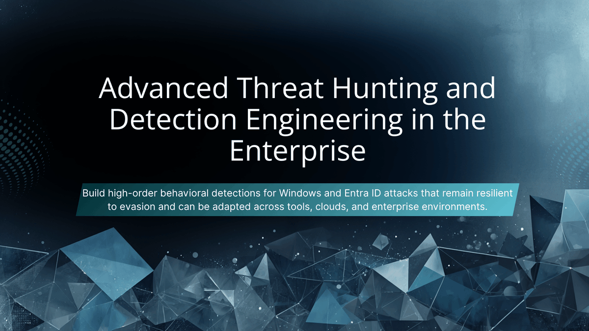 Cyb3rMonk's tweet photo. Today I’m announcing Advanced Threat Hunting & Detection Engineering in the Enterprise.

This course is for detection engineers, threat hunters, and security teams who want to build resilient behavioral detections without investing heavily in additional tools or resources. 

It's also for red teamers who want learn how they are detected. 

Attackers don’t operate as isolated events. They move across endpoints, identities, and cloud services. They bypass telemetry, steal tokens, abuse legitimate workflows, and blend into normal activity.

This course teaches a practical framework to detect that behavior before the damage is done:
- Around 20 high-order behavioral detections for Windows and Entra ID attacks
- AiTM activity, Entra ID token theft, and stolen token abuse
- Full attack-chain labs with realistic false positives
- Detection gaps and compensating detections
- Vendor-agnostic logic adaptable across tools, clouds, and platforms

Detecting majority of the threats at their earliest stages is possible without excessive overhead or cost. I've proved it with this course.

https://t.co/liYSptWQAI