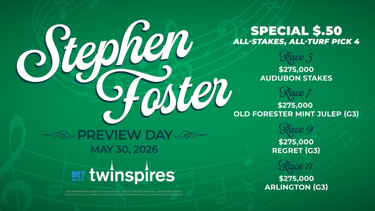 BlaiseLBC's tweet photo. 🌱🏇 Turf players, this one’s for you.

Saturday’s Stephen Foster Preview Day at Churchill Downs features a special 50¢ All Stakes All Turf Pick 4 with a player-friendly 22% takeout.

4 turf stakes. 1 ticket. https://t.co/6mzcBOEbKN