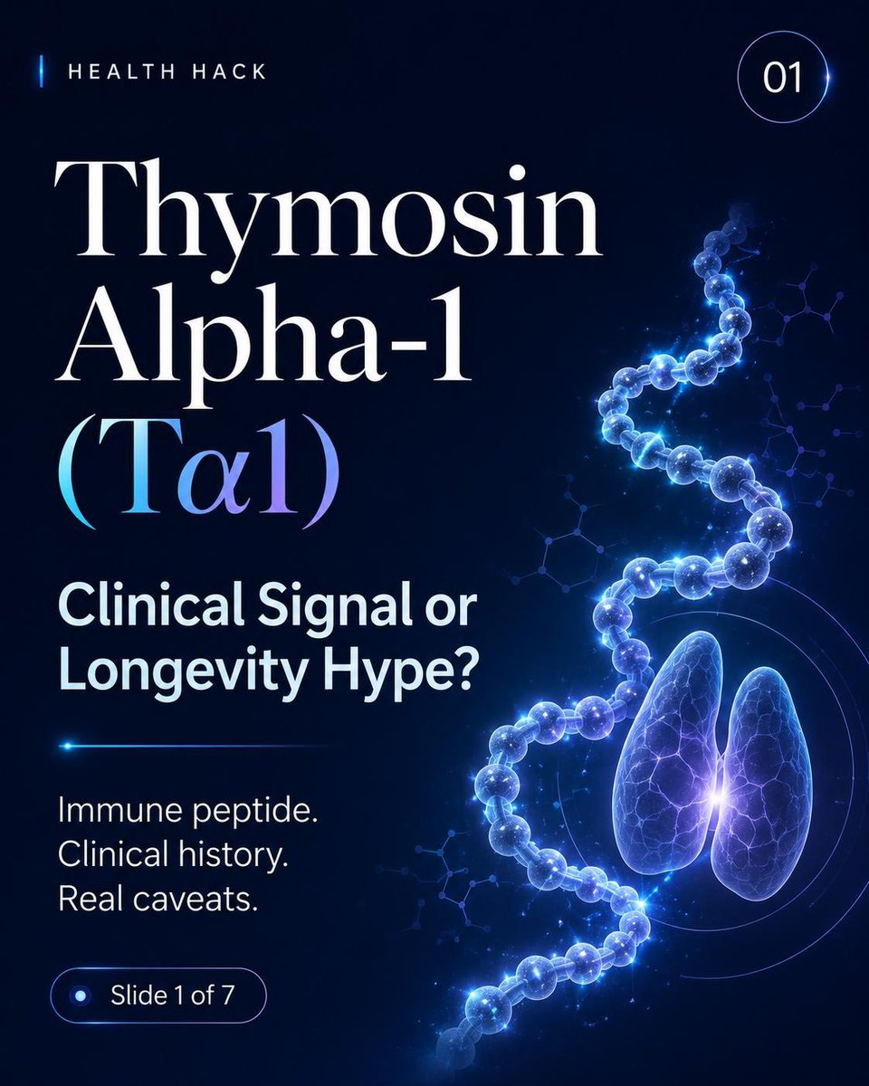 HealthHackNews's tweet photo. Thymosin Alpha-1 is one of those molecules that sits in the uncomfortable middle.

Not nonsense.

Not a proven longevity tool either.

It has real clinical history and a plausible immune-modulation mechanism. But that does not mean healthy people should treat it like a casual immunity upgrade.