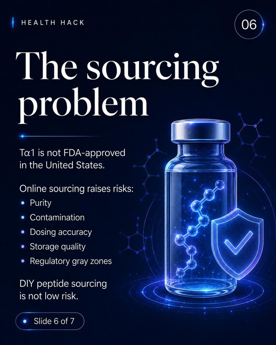 HealthHackNews's tweet photo. biggest point from this carousel:

Tα1 is not best understood as an “immune booster.”

It is better described as an immune modulator.

That sounds promising, but mechanism is not proof.

And online peptide sourcing brings its own risks: purity, contamination, dosing accuracy, storage quality, and regulatory gray zones.

For stronger immunity, the highest-ROI tools are still the basics:

Sleep consistency. Strength training. Adequate protein. Vaccinations. Avoiding chronic under-eating.

Tα1 belongs in a medical discussion.

Not in the casual wellness shortcut bucket.