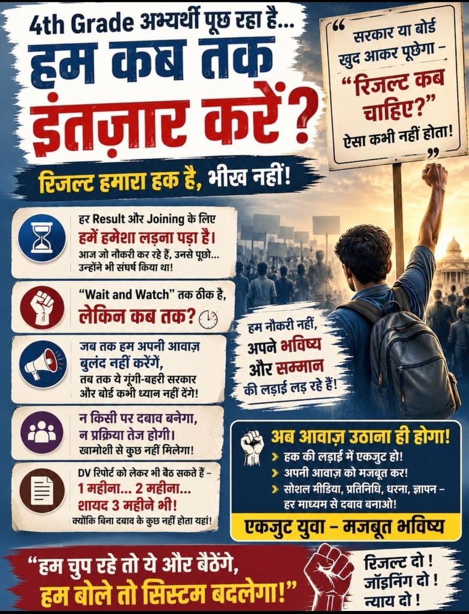 Nv5432's tweet photo. 4th Grade भर्ती 2024 का परिणाम अब हजारों युवाओं की उम्मीद बन चुका है😔
पूर्व की भर्तियों की तरह प्रोविजनल/ विवादित सीटों को अलग रखते हुए बाकी अभ्यर्थियों का Final Result शीघ्र जारी किया जाए।🙏
#चतुर्थ_श्रेणी_परिणाम_जारी_करो 
@alokrajRSSB @RajCMO @BhajanlalBjp @TheUpenYadav
91 https://t.co/j5FLjXAgHW