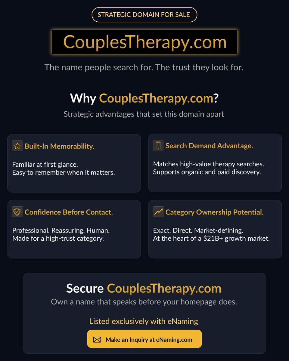 enamingcom's tweet photo. 🚀 https://t.co/lAyusZvuTK is now available.

Exact. Trusted. Market-defining.

A category domain at the heart of a growing relationship care market.

🔒 Exclusively represented by eNaming.

#DomainNames #DigitalAssets #BrandStrategy #CouplesTherapy #MentalHealth #eNaming https://t.co/dbmFO8ZAIS