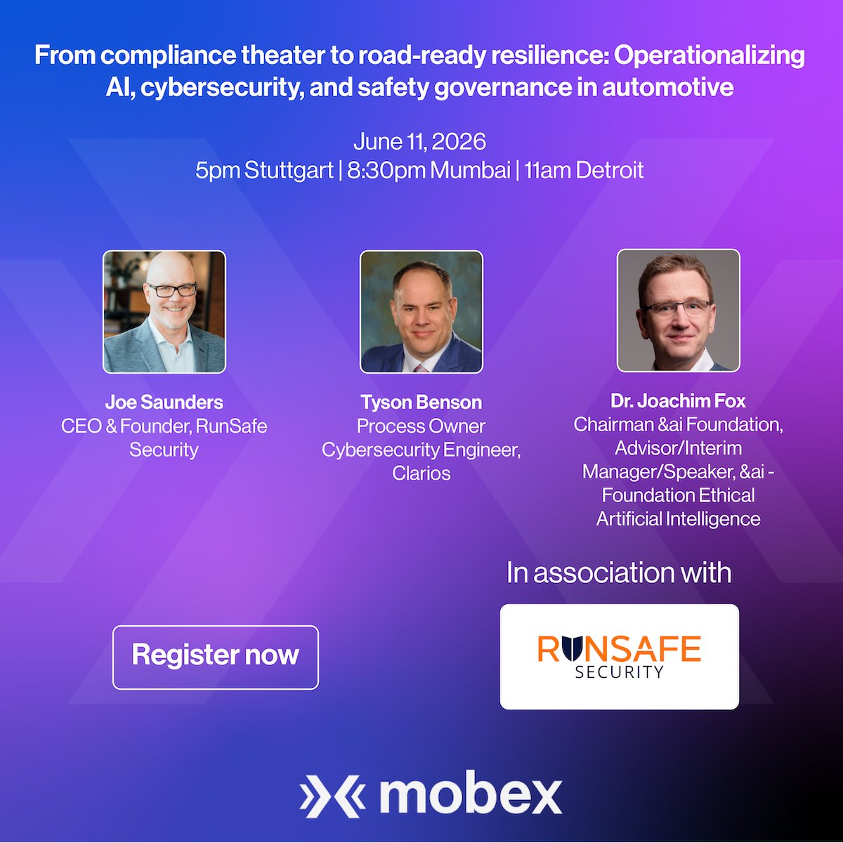 WeAreMobex's tweet photo. Live webinar: From compliance theater to road-ready resilience: Operationalizing AI, cybersecurity, and safety governance in automotive by Runsafe Security. June 11, 2026, 5pm Stuttgart | 8:30pm Mumbai | 11am Detroit. Register free: https://t.co/g76UacZfvy https://t.co/PgfA3LmATt