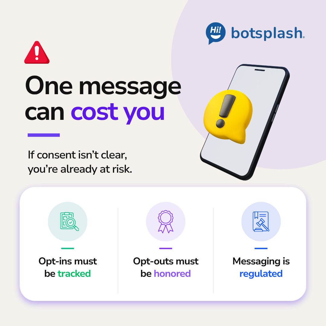 botsplash_'s tweet photo. Consent is not just a checkbox. Before sending, ask: Was opt-in captured? Are opt-outs honored? Is consent visible?

Botsplash helps teams move fast with the right guardrails in place.

Schedule a demo with us to see it in practice: https://t.co/z7cx0EOC89 https://t.co/TfBN743poZ