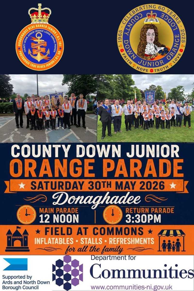 CochraneDUP1's tweet photo. 🧡💜 Junior Orange Parade Day this Saturday 🥁

📍Donaghadee – Co Down Junior Grand Lodge
🕛 12 noon | 🎶 17 bands

📍Bangor – Co Armagh Junior County
🕦 11:30am | 🎶 16 bands

Only a few miles apart – support both if you can! #JuniorOrange #NorthDown https://t.co/p4KzMshUIY