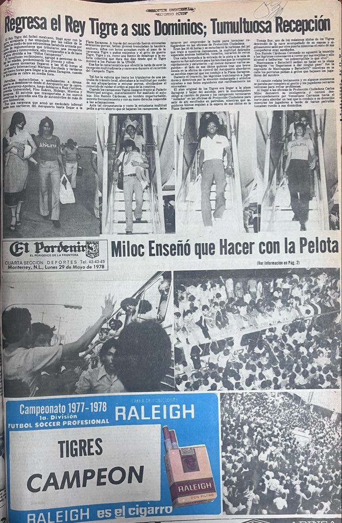 elcompitv's tweet photo. Hace 48 años, así regreso TIGRES a su casa tras ser campeón!

28 Mayo 1978
@TigresOficial desde su llegada al Aeropuerto fue recibido por miles de aficionados.

En esa época no había Macroplaza, entonces la gente salió a las calles a celebrar a sus Tigres tras su llegada a NL. https://t.co/vEoWp4nQ13