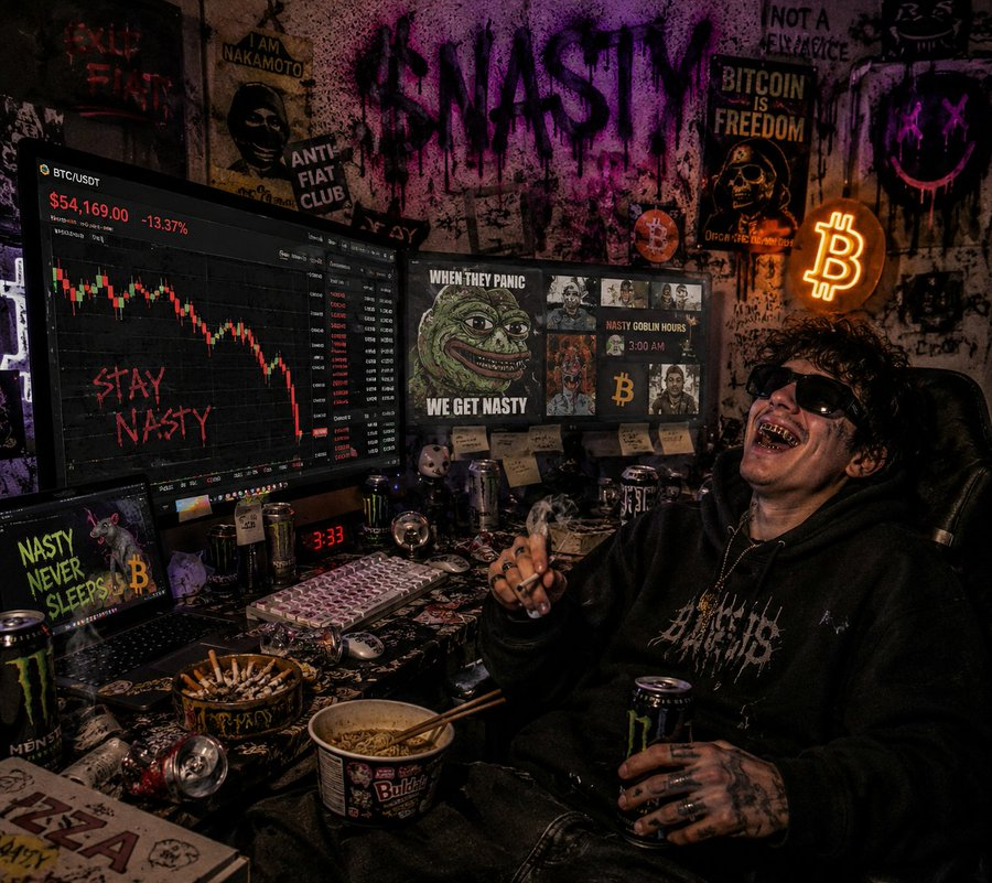 NotaStrategy's tweet photo. I thought stacking sats was gonna make me rich ngl. 

 instead i became one of those weird internet mfs that laugh during market dumps, survive on zero sleep and spend hours making memes that only other degens understands 😂😂💔.  
At some point the money stopped being the main thing.  This whole space just turned beautifully $NASTY
