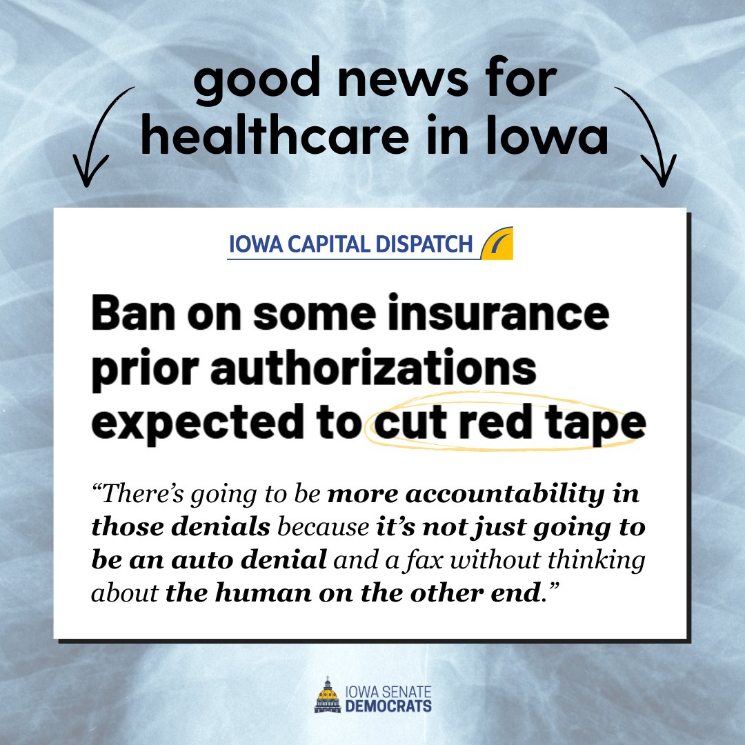 IowaSenate's tweet photo. Thanks to a new bill passed this year, insurance companies will not be able to use A.I. to deny Iowans' medical claims. https://t.co/ycN7df3wQb