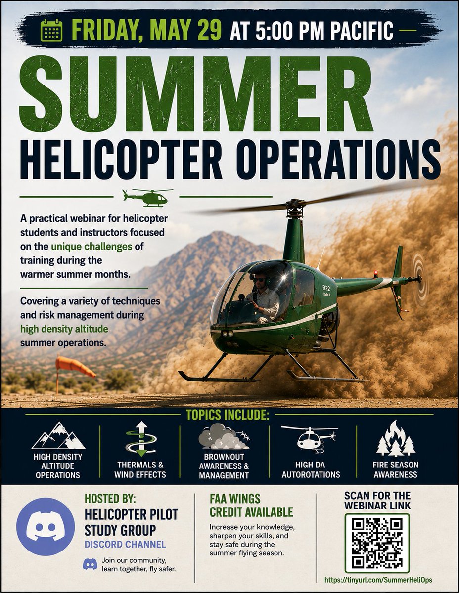 HeliTrainVids's tweet photo. Summer Helicopter Operations Webinar - Friday, May 29 at 5:00 PM Pacific - FAA WINGS Credit

Practical webinar for helicopter students &amp;  instructors covering high DA operations, thermals, brownouts, fire season flying, and other seasonal hazards.

https://t.co/VAh4MFLTjC https://t.co/ByA9ZoIgtN