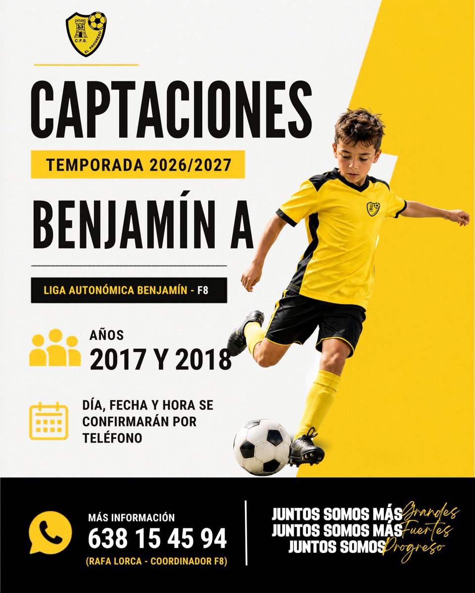 cfprogreso's tweet photo. 𝐂𝐀𝐏𝐓𝐀𝐂𝐈𝐎𝐍𝐄𝐒 | Buscamos jugadores para nuestro Benjamín A (2017/2018).

⚠️ Todos los datos se confirmarán por privado.

📞 638 15 45 94 (Rafa Lorca - Coordinador F8)

#SomosProgreso https://t.co/4OVG5kxSPh