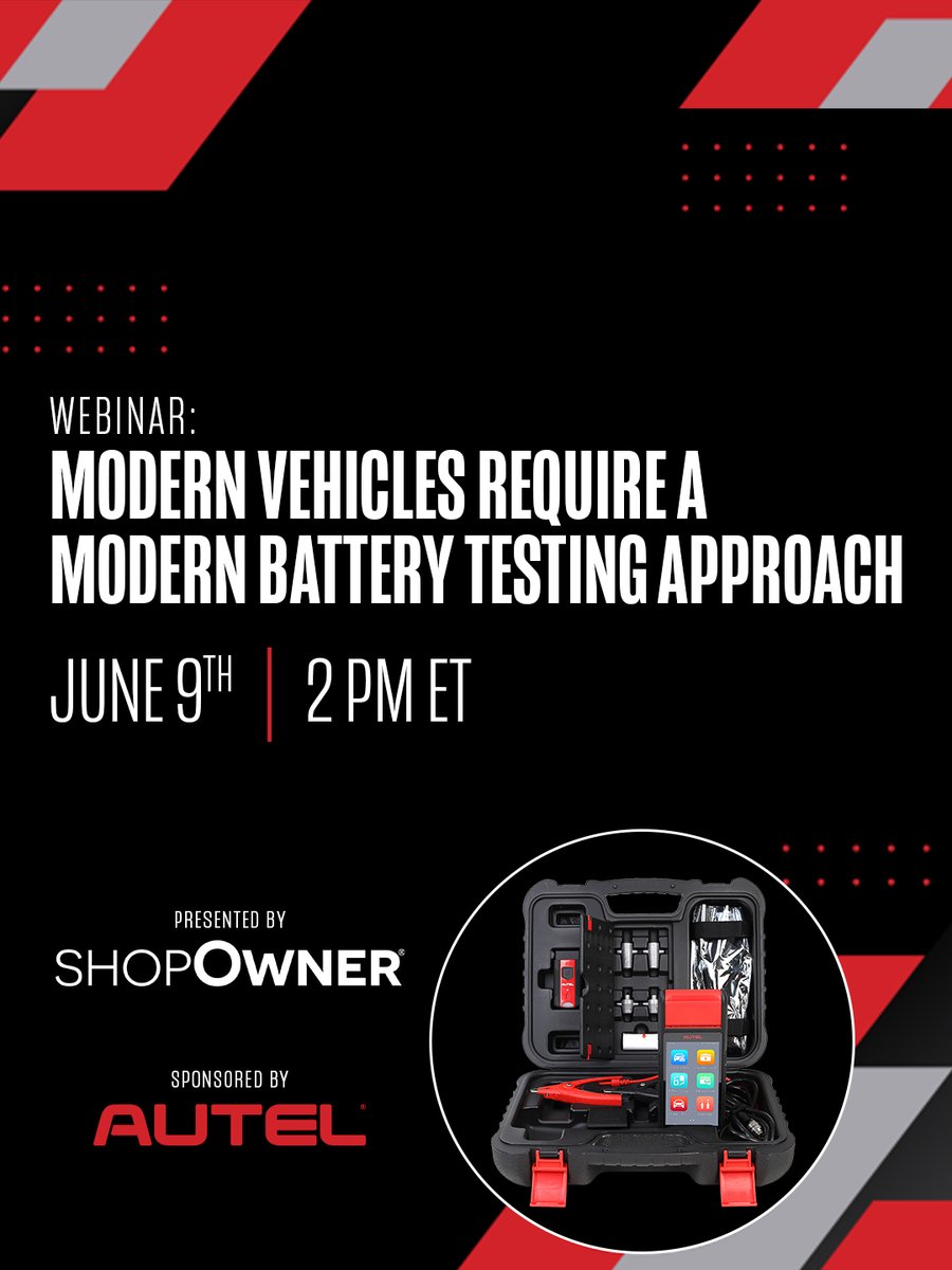 AutelTools's tweet photo. Did you secure your seat for June 9th? This webinar introduces a modern, data-driven approach to battery and electrical diagnostics using Autel Adaptive Conductance Technology. You will learn how to improve accuracy, reduce inconsistencies found in load and voltage testing, and streamline workflow through intelligent vehicle identification and guided processes.

Through real-world demonstrations, technicians will see why testing every vehicle matters—and how a modern approach can increase efficiency, improve accuracy, and drive shop profitability.

Register now: https://t.co/4XPcFpHnyr