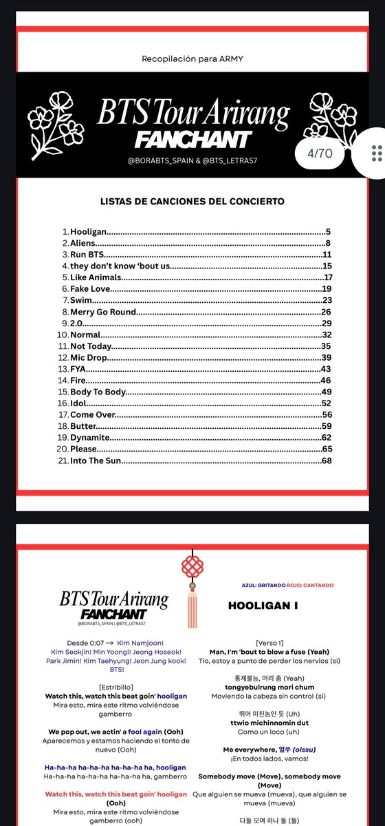 vennabii's tweet photo. Teniendo en cuenta lo que ha dicho Nam sobre prestar atención a las letras de Arirang ⚠️

Para quienes vayais a Madrid/Europa, os dejo un PDF del setlist hecho por @/borabts_spain y @/bts_letras7 (IG) con letras, tradus y fanchant para aprenderoslas 👐 
 
https://t.co/BC4hP9HRho https://t.co/HgUZZtIprg