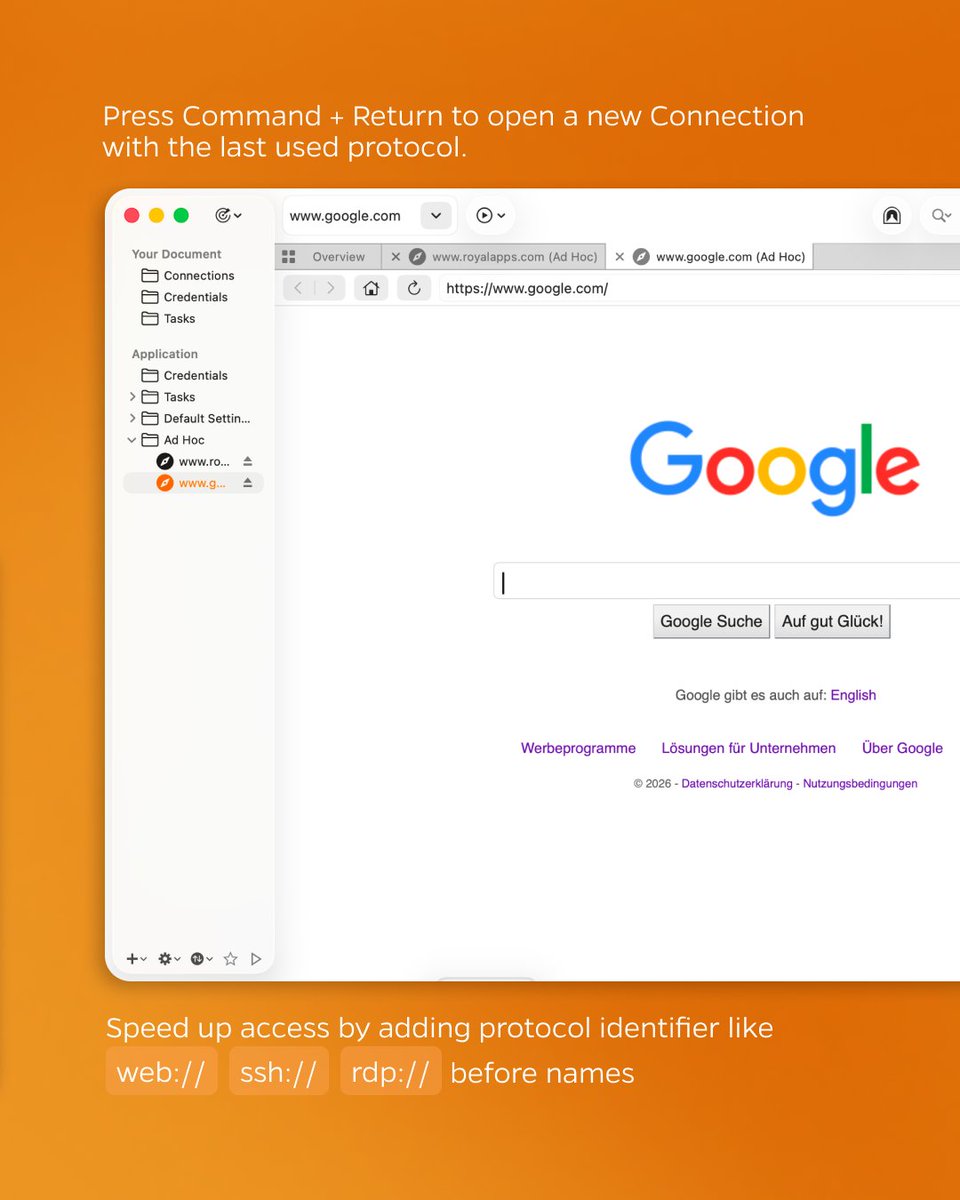 royalapps's tweet photo. How to open Ad Hoc Connections fast and easy in Royal TSX 💡 

#devops #itadmin #remotemanagement #RDP #msrdp #remotedesktop #azure #bastion #SSH #terminal #VNC https://t.co/yBX6FO2pw0