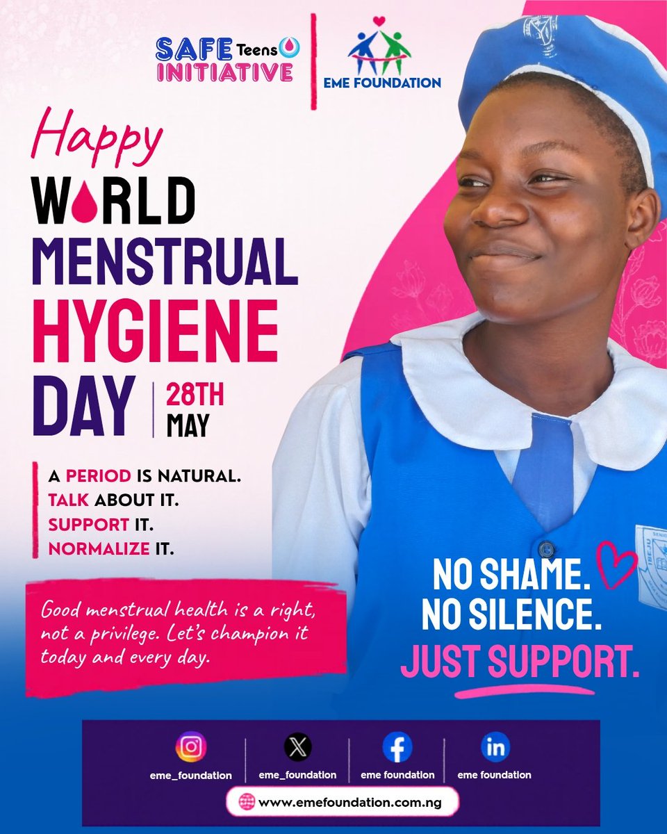 eme_foundation's tweet photo. 🩸 Menstrual health is a right, not a privilege.

Today, we stand against period stigma and for a world where every girl has access to the products, information, and support she needs to thrive.

No shame. No silence. Just support.

#WorldMenstrualHygieneDay  #SafeTeensInitiative https://t.co/fIDcy6l2po