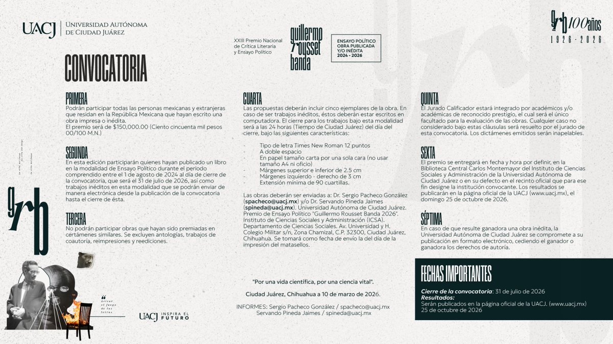 somee_mx's tweet photo. "🧩 #VinculaciónSOMEE La Maestría en Ciencias Sociales para el Diseño de Políticas Públicas, de la Universidad Autónoma de Ciudad Juárez, tiene el agrado de invitar a las y los asociados SOMEE a participar en la convocatoria al XXIII Premio Nacional Guillermo Rousset Banda 2026, https://t.co/kuxSMSkrrg