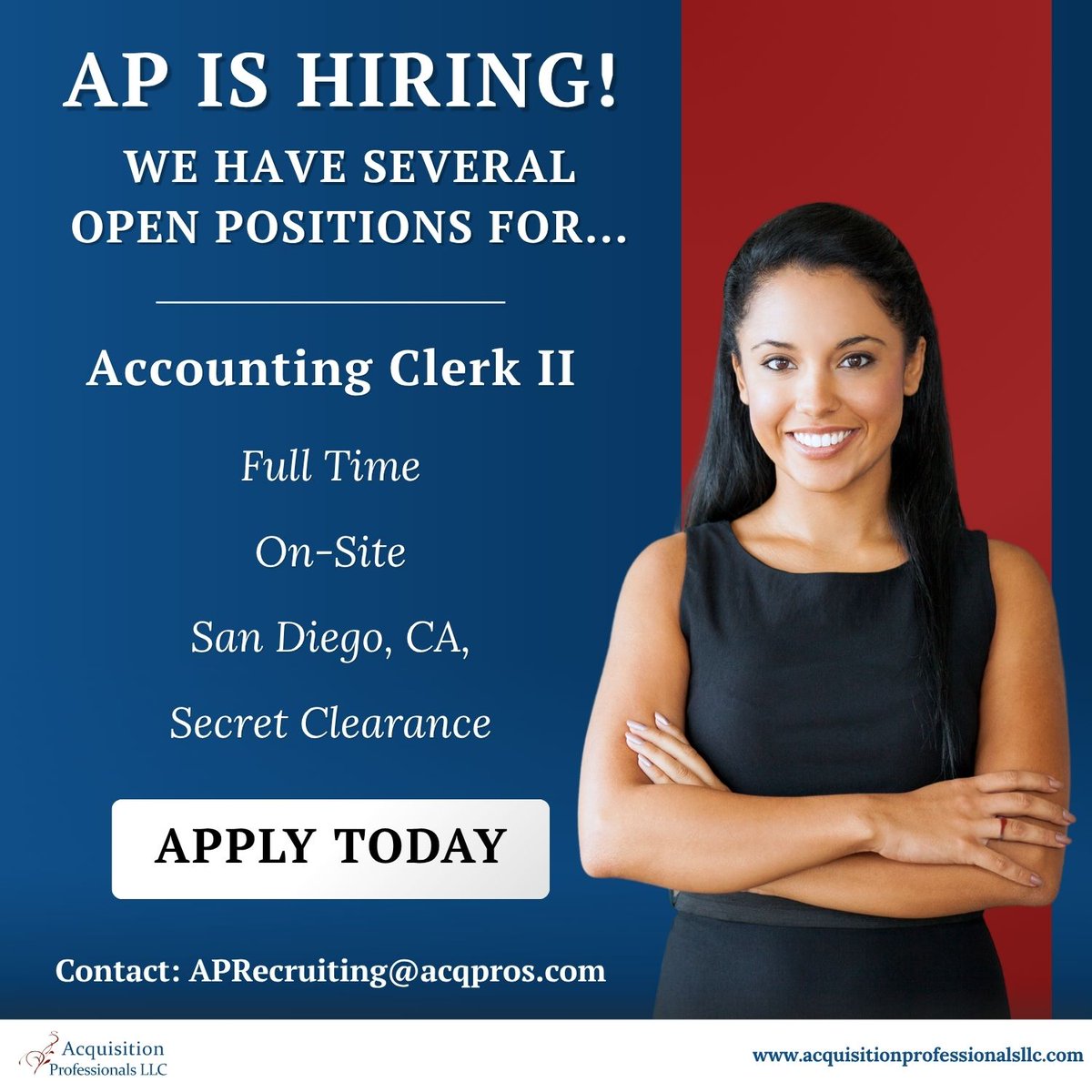 ACQPROS's tweet photo. @ACQPROS is seeking multiple Accounting Clerk II professionals to join our team in San Diego, CA.

This position is on-site in San Diego, CA.

Apply at https://t.co/cd4w40dLDj

#AccountingClerk #AccountingJobs #CaliforniaJobs #SanDiegoJobs #GovCon #FinanceJobs #Hiring https://t.co/wtK6gGwkiO