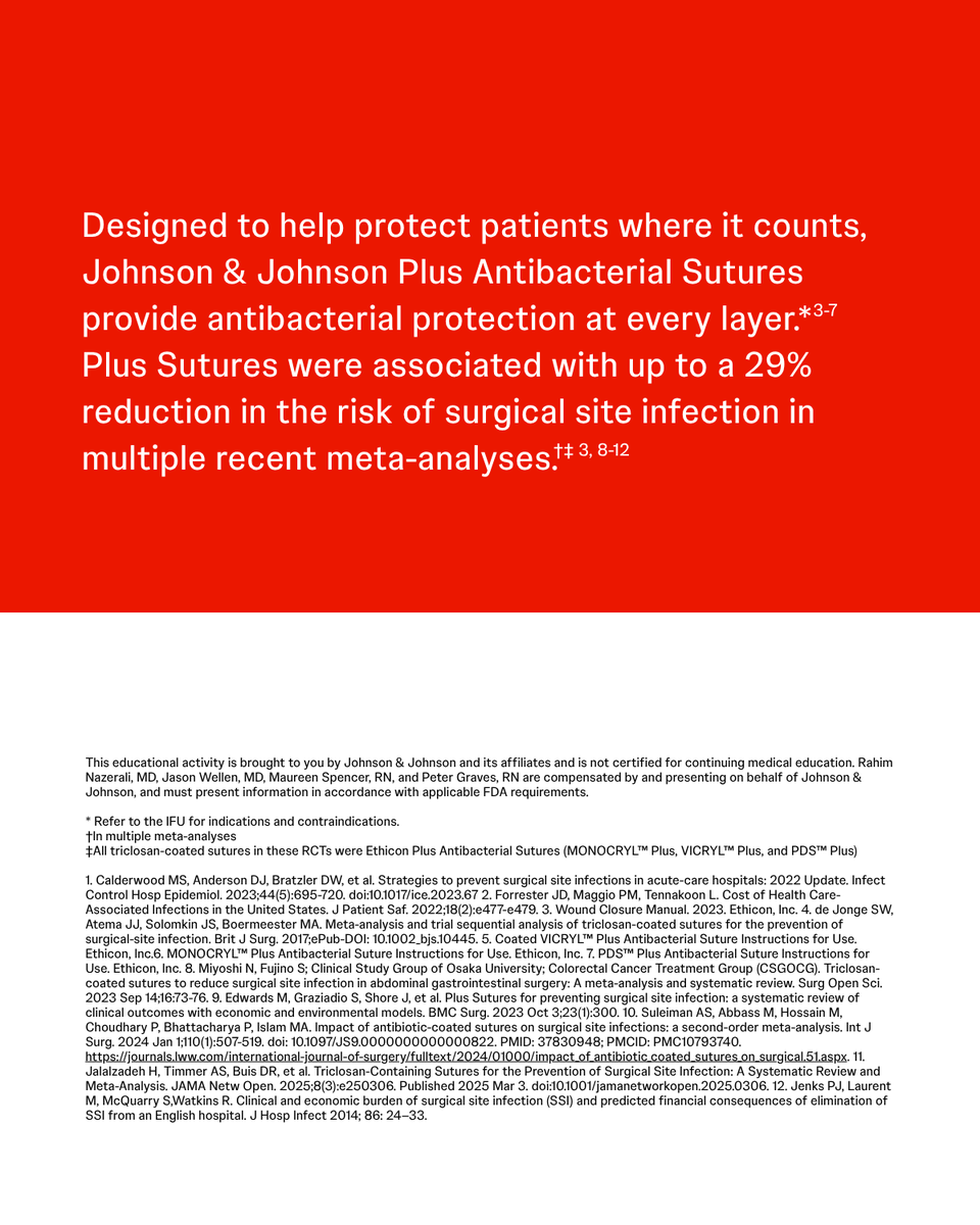 JNJMedTech's tweet photo. 🩺 Bringing together healthcare professionals to discuss practical approaches to SSI risk reduction.  

On June 25, join an educational discussion exploring evidence-based care bundles, implementation considerations for Plus Antibacterial Sutures, and strategies to support operational efficiency across health systems.  

Let’s advance surgical care together 👉 Register today: https://t.co/xL0y2eim6X

#SSIprevention 

*This content is intended for US audiences.