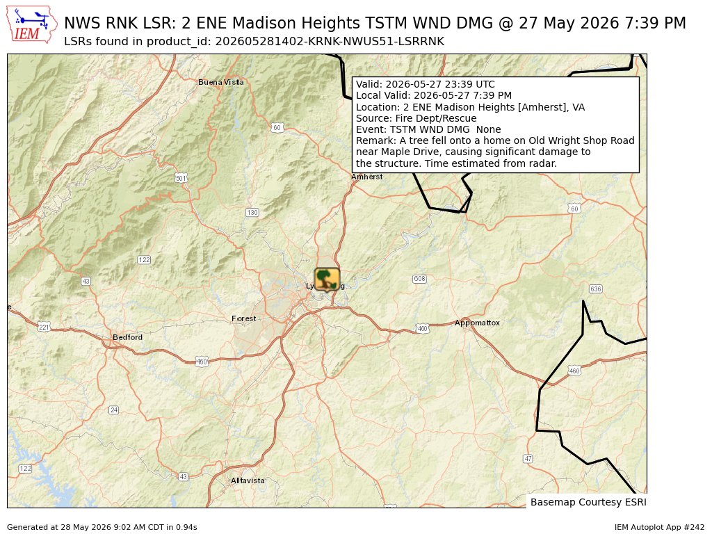 CBS19Weather's tweet photo. [Delayed Report] On May 27, at 7:39 PM EDT, 2 ENE Madison Heights [Amherst Co, VA] Fire Dept/Rescue reports Tstm Wnd Dmg. A tree fell onto a home on Old Wright Shop Road near Maple Drive, causing significant damage to the structure. Time... #vawx https://t.co/3KhQF0NXjw https://t.co/47QXowysag