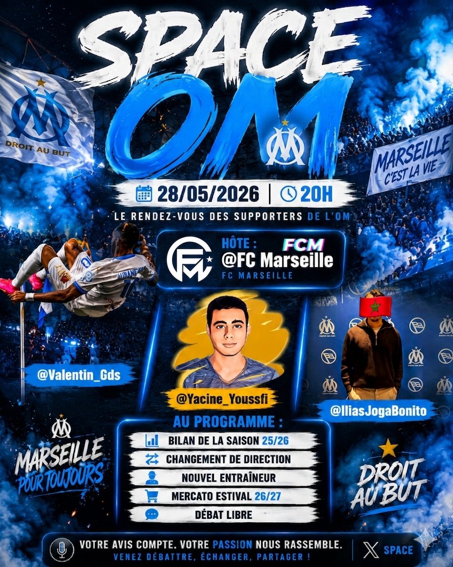 FCMarseille's tweet photo. Bonjour la #TeamOM
On se donne rendez-vous ce soir à 20h pour un #SpaceOM en compagnie de @Valentin_Gds , @yacine_youssfi et @IliasJogaBonito ! 🎙️
Nous aborderons, le bilan de la saison 25/26, le changement de direction, le futur coach, le mercato estival 26/27 et nous terminerons par un débat libre!
Rendez vous à 20h, sur la page @FCMarseille 🕗🩵🤍
#OM #MercatOM #ActuOM