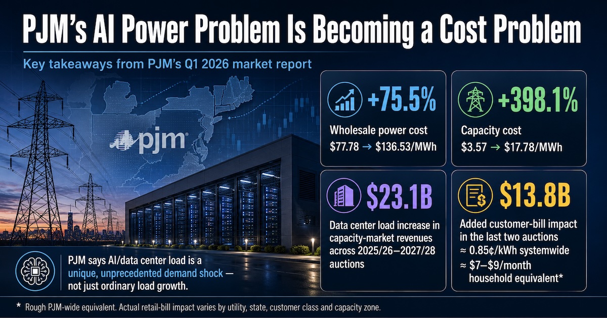 TheEnergyMag's tweet photo. In a 937-page first-quarter report, @pjminterconnect's market monitor has a blunt description for #AI data center load growth:

“Unique, unprecedented and uncertain.”

That’s not just colorful language. It came with a price tag: $23.1B in added capacity-market revenues across three PJM auctions.