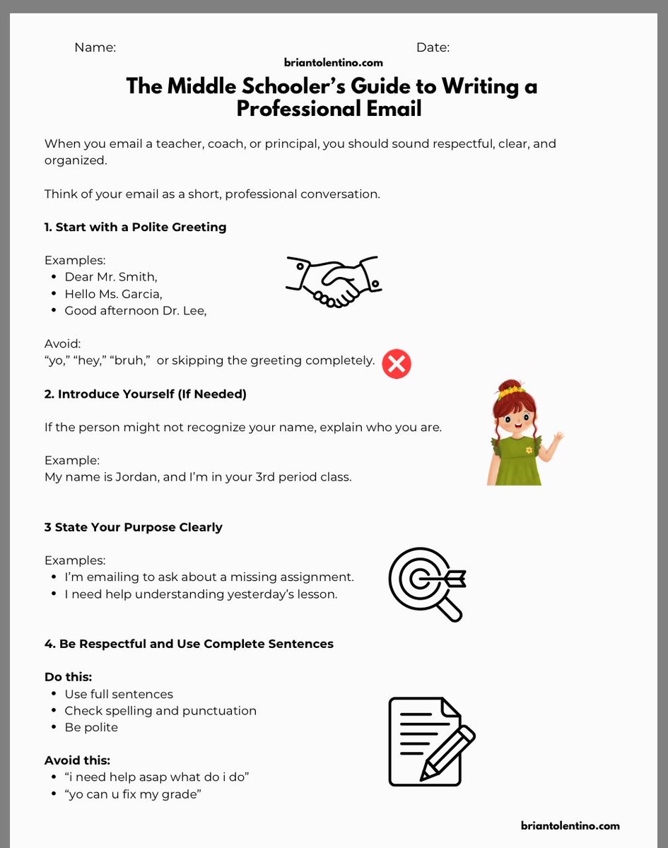 TolentinoTeach's tweet photo. There’s a level of formality in writing that many students simply haven’t learned yet.

I’ll get messages in my Schoology inbox like:

“yo I need help wit my grade asap what can i do to fix it”

So I show them what it should look like:

Dear Mr. Tolentino,

I hope you’re doing well. I wanted to ask if I could get help understanding my recent assignment. I’m available after school this week.

Thank you,
Asher

Writing appropriately for the situation is a skill, and it needs to be taught explicitly now more than ever.

Link to email writing activity here: 

https://t.co/wM4q2tHHlg