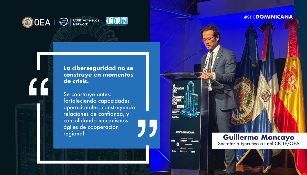 OEA_Cyber's tweet photo. 🚀 ¡Así arrancó la sección OEA en las Jornadas #STICDOMINICANA 2026!
Una jornada clave para la cooperación en ciberseguridad en las Américas.
Con la participación de: @OEA_Cyber @cybercentre_ca @CCNCERT #DNIRD
🛡️ No te pierdas lo que hemos preparado, junto a las principales comunidades de ciberseguridad de la región.
¡Esto recién comienza!