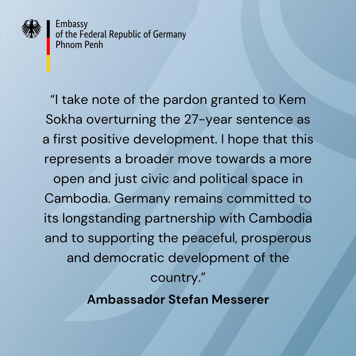 RainsySam's tweet photo. Statement by German Ambassador Stefan Messerer on the royal pardon granted to Kem Sokha https://t.co/q15ZWc8E6y