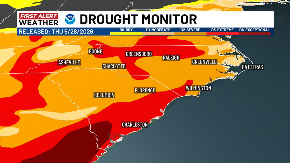 TVsGabeRoss's tweet photo. DROUGHT IMPROVEMENT: Specifics are delayed, but the contour is finally out, and it does show improvement across the Carolinas &amp; the Cape Fear Region. Still a ways to go before things like conservation measures are rolled back. #WECTwx #ILMwx https://t.co/DlAmJgWVvD