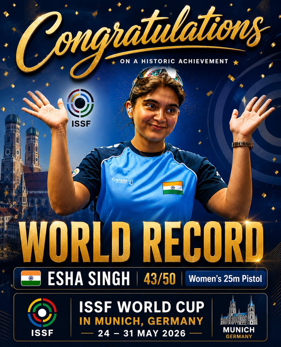 TopGunIndia's tweet photo. Congratulations to Esha Singh 🇮🇳 on creating a World Record with an incredible 43/50 in Women’s 25m Pistol at the ISSF World Cup in Munich, Germany. A phenomenal display of precision, composure, and champion mentality on the world stage! 💪 https://t.co/Gii2d29ox1