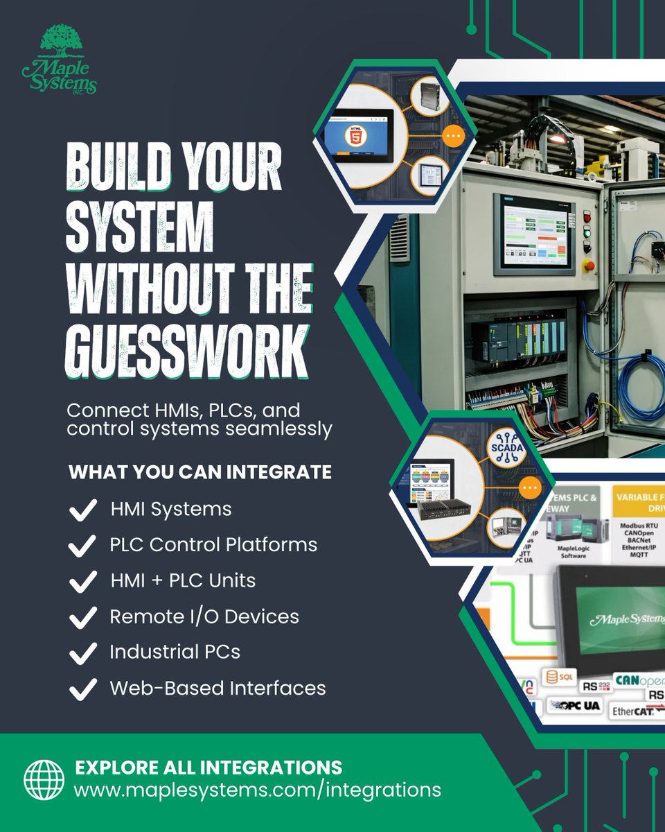 MapleSystemsInc's tweet photo. Here’s what you can integrate with Maple Systems 👇

✔ HMIs
✔ PLC Platforms
✔ HMI + PLC Units
✔ Remote I/O
✔ Industrial PCs
✔ Web-Based Interfaces

Explore our integration guides:
https://t.co/0eU3GuIBJK

#IndustrialAutomation #HMI #PLC #SystemIntegration #MapleSystems https://t.co/DQxqcP879J