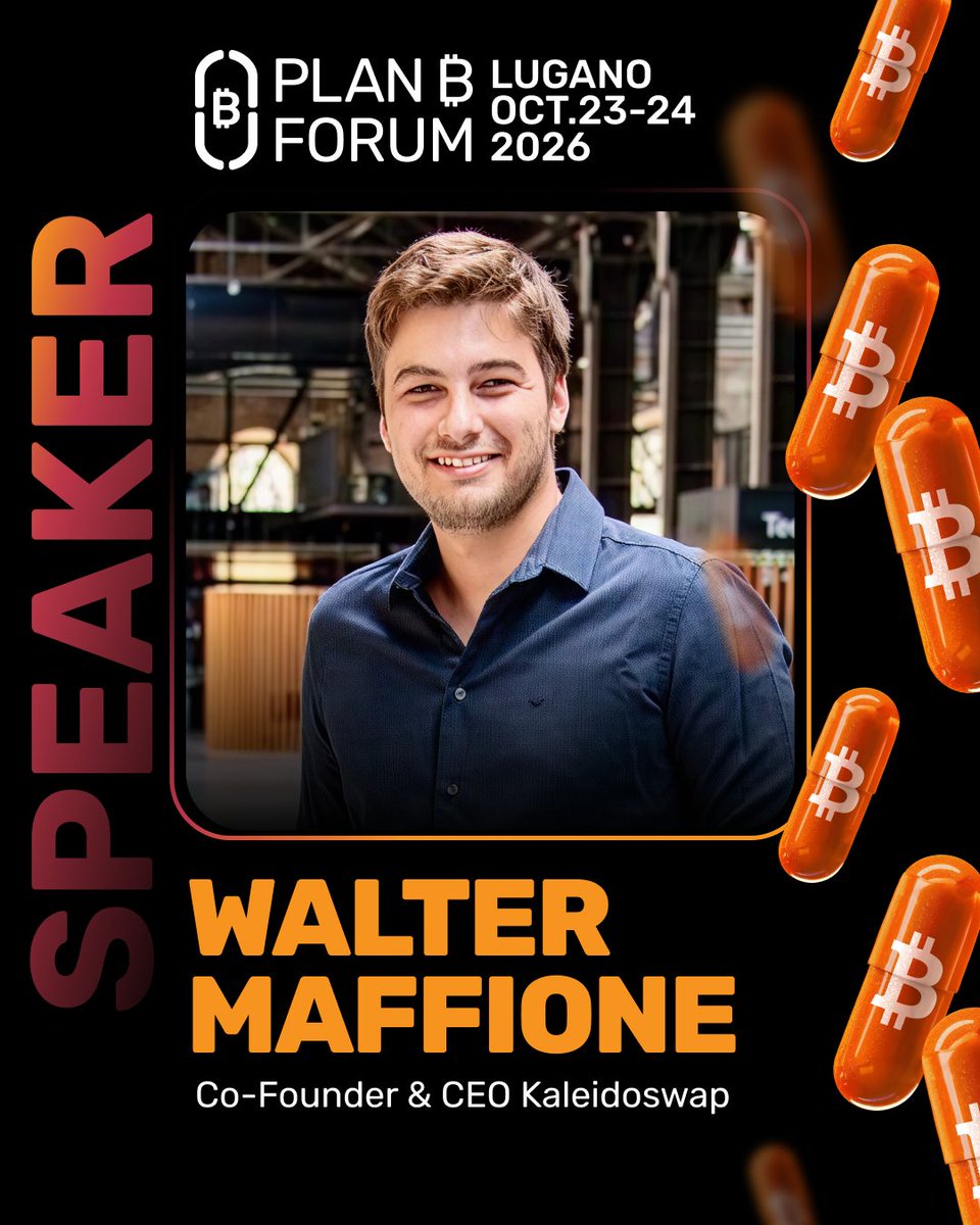LuganoPlanB's tweet photo. Bitcoin trading should not require bridges, custodians, or leaving Bitcoin.

@bit_walt is building that path with @kaleidoswap.

Lightning. RGB. Self-custody. Peer-to-peer swaps.

After taking 1st place at Cypher Tank, Walter joins us in Lugano to explore a serious step toward Bitcoin-native finance.

📍 Plan ₿ Forum | Oct 23–24