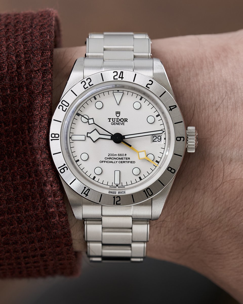 baldassarreted's tweet photo. The Tudor Black Bay Pro with an opaline dial gives the brand’s fixed-bezel GMT platform a different personality, trading the darker, more vintage-leaning feel of the original for a cleaner black-on-white execution.

The core formula remains intact, with a 39mm case, 200 meters of water resistance, a fixed 24-hour bezel, and the distinctive yellow GMT hand, alongside Tudor’s manufacture Caliber MT5652 with true GMT functionality and a 70-hour power reserve. Black surrounds around the markers and hands help preserve the legibility expected from a tool watch, while giving the design a more modern edge.

Where does this opaline take rank for you within the Black Bay Pro lineup?