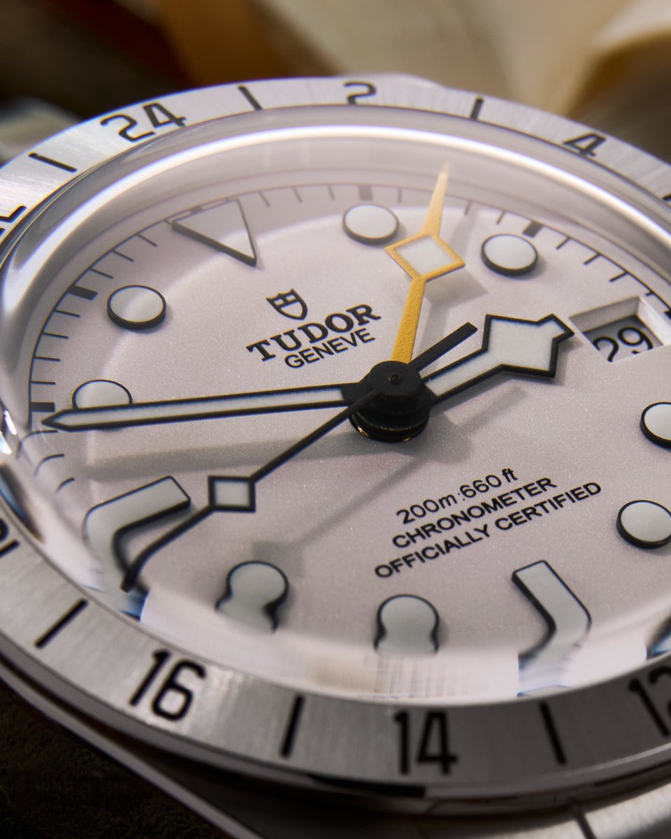 baldassarreted's tweet photo. The Tudor Black Bay Pro with an opaline dial gives the brand’s fixed-bezel GMT platform a different personality, trading the darker, more vintage-leaning feel of the original for a cleaner black-on-white execution.

The core formula remains intact, with a 39mm case, 200 meters of water resistance, a fixed 24-hour bezel, and the distinctive yellow GMT hand, alongside Tudor’s manufacture Caliber MT5652 with true GMT functionality and a 70-hour power reserve. Black surrounds around the markers and hands help preserve the legibility expected from a tool watch, while giving the design a more modern edge.

Where does this opaline take rank for you within the Black Bay Pro lineup?