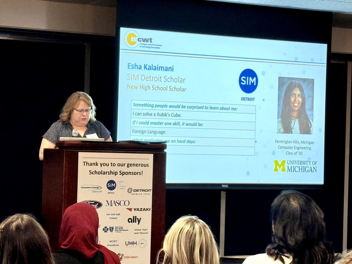 SIMDetroit's tweet photo. What an inspiring evening! Last night, SIM Detroit had the privilege of attending the Michigan Council of Women in Technology (MCWT) Scholarship Celebration, hosted at Yazaki's North American headquarters.

Events like this provide a very tangible reminder of why it is so crucial to invest in the next generation of IT leaders. We are incredibly proud to share that out of the more than 30 scholarship recipients this year, SIM Detroit’s contribution funded  8 of them!

A special shoutout to Lori Tirpak, who did a fantastic job representing us and presenting the scholarships to these well-deserving scholars.

Congratulations to all the recipients—the future of technology is looking exceptionally bright! 🌟

#WomenInTech #MCWT #SIMDetroit #STEM #FutureLeaders #TechCommunity #ITMentorship #MichiganTech