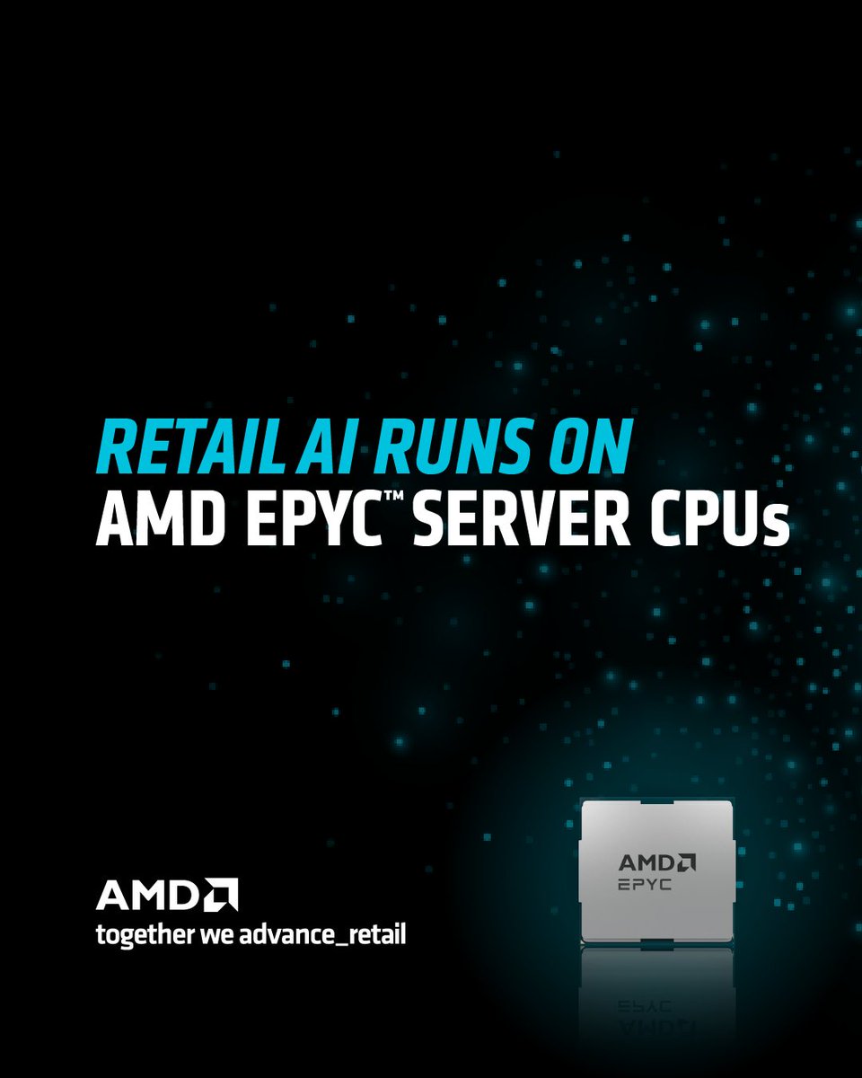 AMDServer's tweet photo. Retail AI: ready to run. 

AMD Retail AI Solutions are your one-stop shop for off-the-shelf and custom solutions, all built on high-performance, power-efficient AMD EPYC Server CPUs.  

Find out six reasons why retail AI runs on AMD EPYC Server CPUs: https://t.co/Dw0DHnKuBA https://t.co/HtB6psGJR3