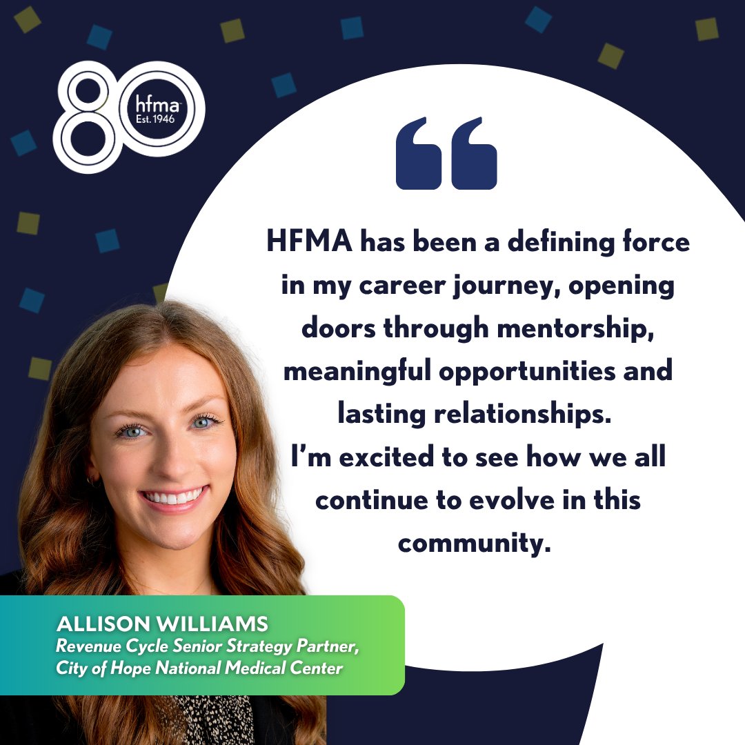 hfmaorg's tweet photo. As HFMA celebrates 80 years, members like Allison Williams are helping show how this community turns professional ambition into real momentum.

For Allison, HFMA has been a defining force in her career journey through mentorship, networking, meaningful opportunities and lasting relationships.

That is the power of a community built to help healthcare finance professionals grow, lead and move the industry forward.

➡️𝗪𝗵𝗮𝘁 𝗵𝗮𝘀 𝗛𝗙𝗠𝗔 𝗵𝗲𝗹𝗽𝗲𝗱 𝘆𝗼𝘂 𝘁𝘂𝗿𝗻 𝗶𝗻𝘁𝗼 𝗺𝗼𝗺𝗲𝗻𝘁𝘂𝗺?

Join us at HFMA’s 80th Anniversary Celebration on Sunday, June 7, from 7–9 PM for live entertainment, cocktails and the best community in healthcare finance, all in one place.

🔗https://t.co/SbjOiBbpJ1

#HFMA80 #HFMACommunity #HealthcareFinance