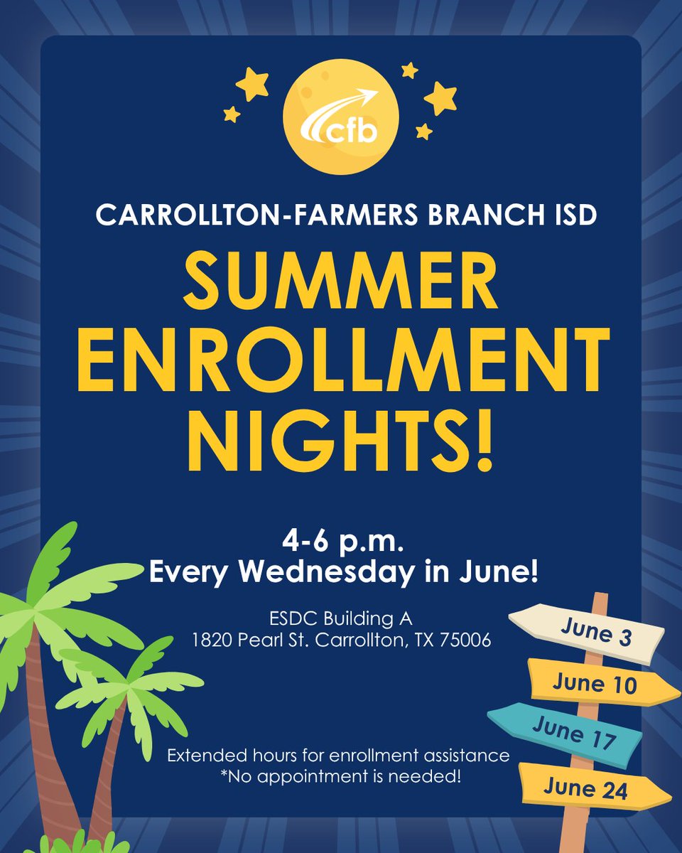 CFBISD's tweet photo. Need help with registration? 🖥️ CFBISD Student Services is offering extended enrollment hours from 4-6 p.m. every Wednesday in June at the Educational Services Division Complex (1820 Pearl St., Carrollton, TX).

Families are invited to come in for personalized, in-person assistance and get a head start on the 2026-27 school year. ⏰️ Learn more about enrollment at https://t.co/dRDer9KyKo