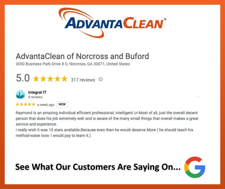 AdvantaCleanGA's tweet photo. Thank you, Integral IT! We truly appreciate your kind words. Raymond and the AdvantaClean of Norcross and Buford team are grateful for your trust and glad the water loss service stood out.
Write a review here: https://t.co/sQ6vID0LlR https://t.co/bqJmSJ66Om