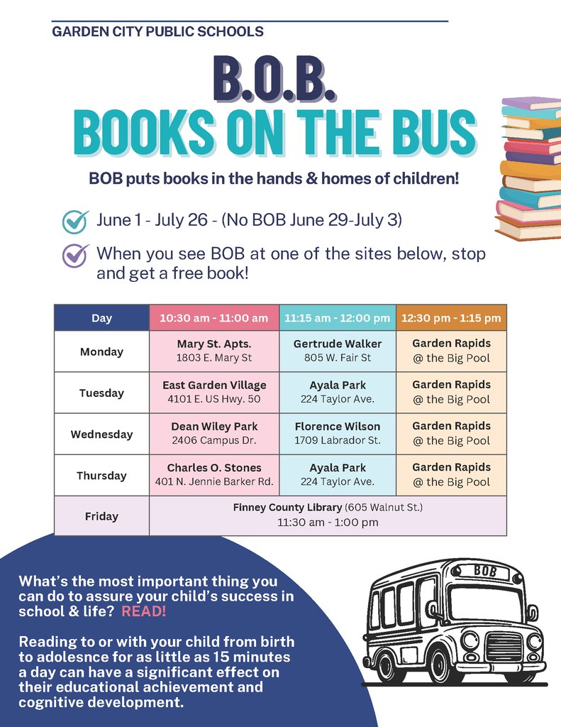 USD457's tweet photo. The USD 457 Books-on-the-Bus program, better known as B.O.B., will visit various sites in Garden City, Monday through Friday, starting Monday, June 1, 2026. Find out more at: https://t.co/Aqt4QzAmvp https://t.co/lWIuDeZerU