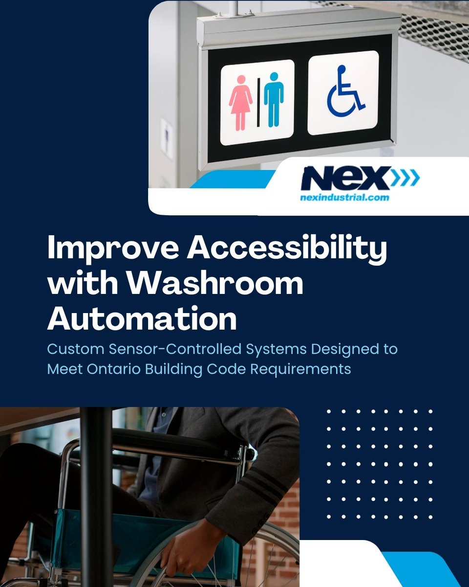nexindustrial's tweet photo. NEX Industrial washroom automation includes sensor entry, push-button activation, emergency alert kits, and exit hardware — all designed to meet Ontario accessibility and building code requirements. Fully customizable based on occupancy, size, and layout. Call 1-866-400-2050. https://t.co/wCNVkMmKPc
