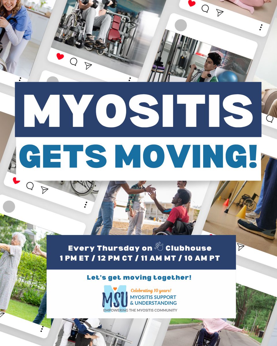 MyositisSupport's tweet photo. #MyositisSupport Gets Moving on Clubhouse TODAY at 1 PM ET / 12 CT / 11 AM MT / 10 AM PT. We create individualized movement/protein plans, engage w/ support partners, and join our weekly group to discuss https://t.co/E5ZkzdehbK  #MyositisMovement #myositis #inflammatorymyopathy https://t.co/VRKsN34dhP