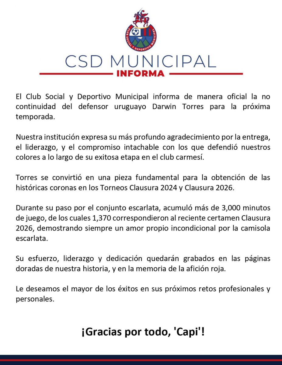 Rojos_Municipal's tweet photo. Capitán, gracias por defender estos colores con orgullo, compromiso y corazón.

La 32 y 33 siempre recordarán tu liderazgo, tu amor por este escudo y la unión que construiste dentro del grupo.

Fuiste, eres y siempre serás rojo. ❤️💙 https://t.co/iaudAw0R3t