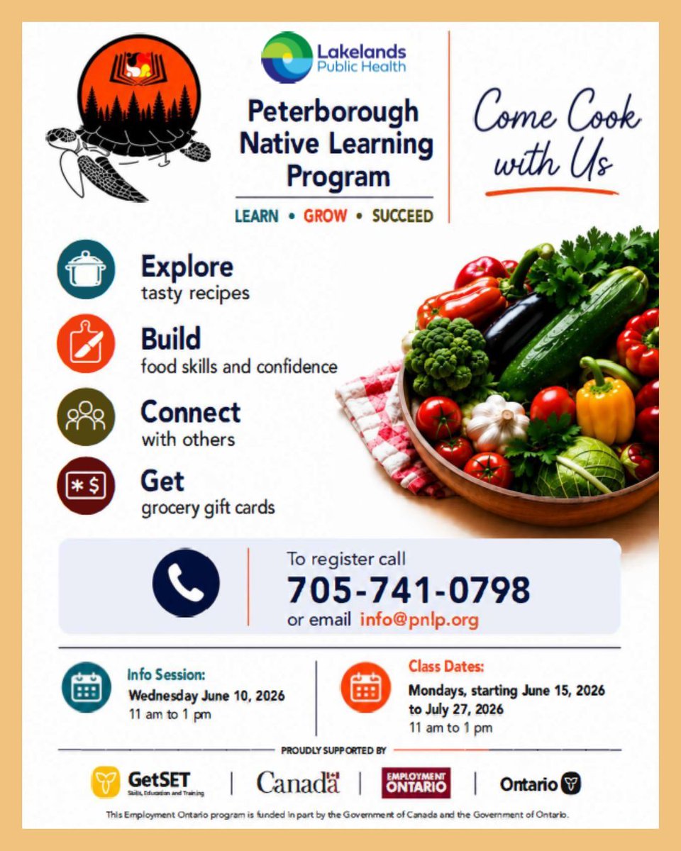 PeterboroughCHC's tweet photo. The Peterborough Native Learning Program is hosting “Come Cook With Us” — a cooking program to build food skills, confidence, and community connection. 

📅 Info Session: June 10  | 11 AM–1 PM
📅 Classes start June 15

📞 705-741-0798  | info@pnlp.org 

#CommunityConnection #PCHC https://t.co/UKWpwIBUFn