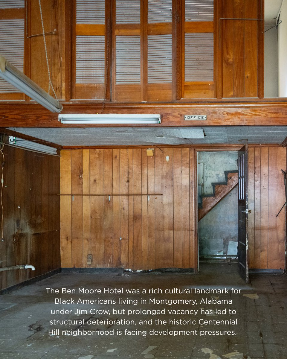 SavingPlaces's tweet photo. The Ben Moore Hotel was a rich cultural landmark for Black Americans living in Montgomery, Alabama under Jim Crow.

Prolonged vacancy has led to structural deterioration, and the historic Centennial Hill neighborhood is facing development pressures: https://t.co/aUayDD9ZwZ https://t.co/ENG4RFkB8v