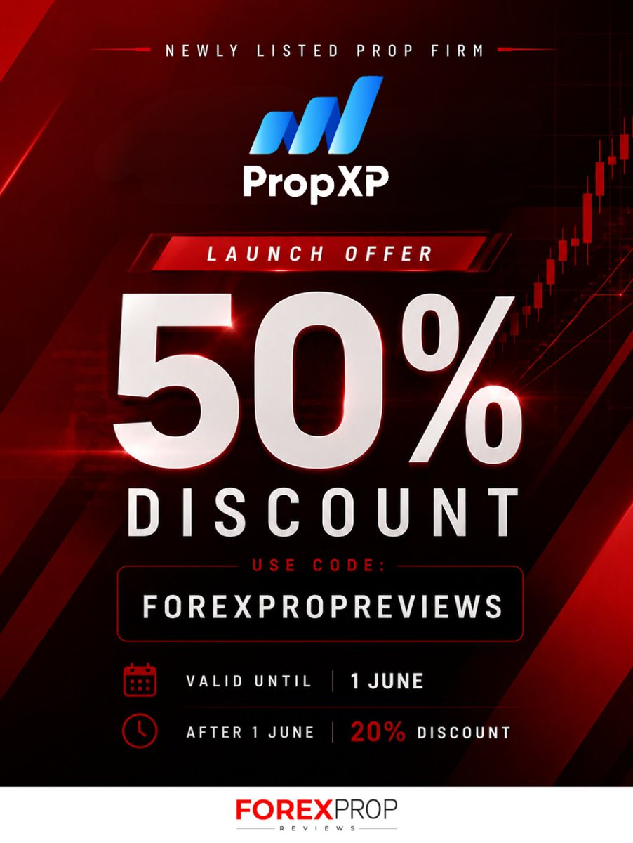 fxpropreviews's tweet photo. PropXP is now listed on ForexPropReviews! 🚀
Get 50% OFF with code FOREXPROPREVIEWS and take the next step in your funded trading journey 📈
Valid until 1 June - then drops to 20% 🔥 https://t.co/yPprzZl4YO