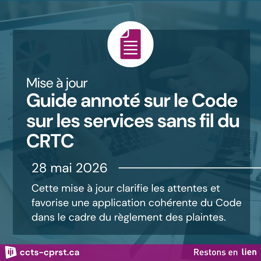CCTS_CPRST's tweet photo. Le saviez-vous? En 2013, le Conseil de la radiodiffusion et des télécommunications canadiennes (CRTC) a créé le Code sur les services sans fil, un code de conduite obligatoire qui s’applique à tous les fournisseurs de services sans fil.  

Nous avons récemment mis à jour notre Guide annoté sur le Code sur les services sans fil. Fruit de notre expérience dans le traitement et l’examen de milliers de plaintes de consommateurs, notre Guide annoté propose des commentaires et des exemples qui permettent de mieux comprendre notre approche en matière d’interprétation et d’application du Code sur les services sans fil.  Pour en savoir plus : https://t.co/B32vF9WEH9